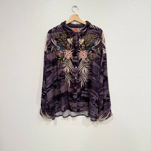 Johnny Was Velvet Purple Camouflage Floral Embroidered Shirt